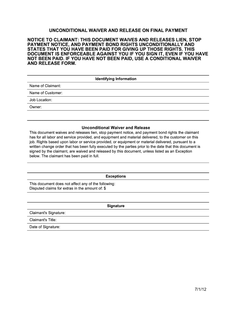 Printable Unconditional Lien Waiver Template Printable Templates
